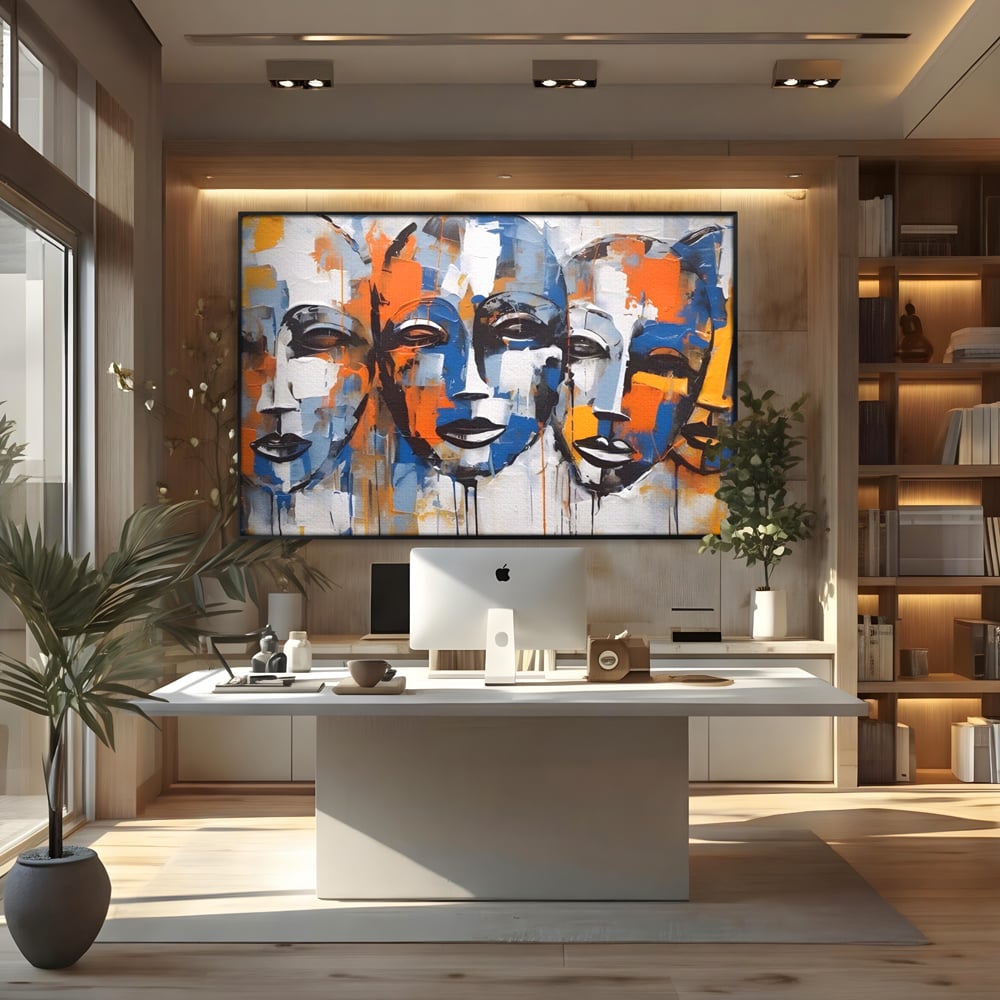 Tablou canvas cu tablou canvas cu trei masti stilizate, in rama de aluminiu negru, pe perete intr-un birou